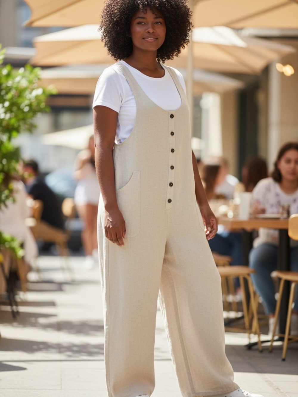 Fashion Linen- Cotton blend Wide-Leg Button Front Jumpsuit in Light Beige